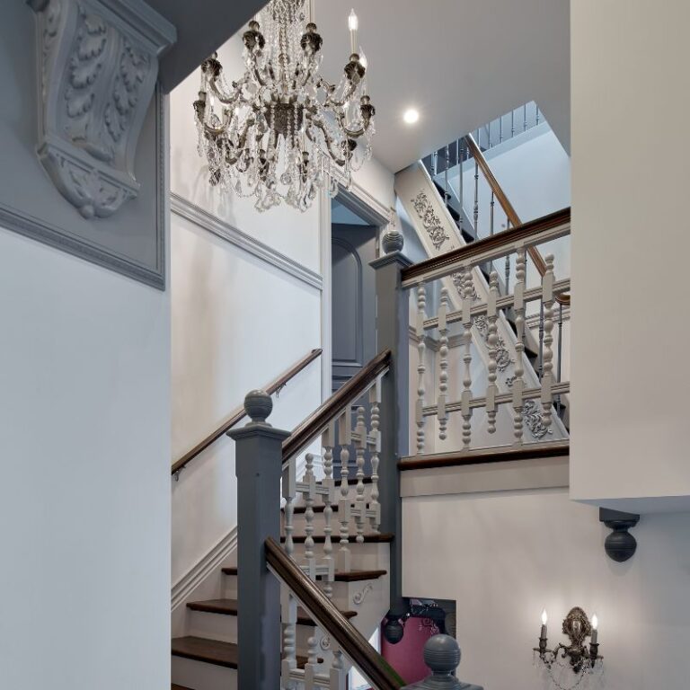 Family room staircase with exceptional woodwork by the best contractor in Monterey CA, Kasavan Construction.