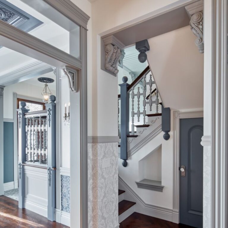 Classic dining room staircase designed by the best contractor in Monterey CA, Kasavan Construction.